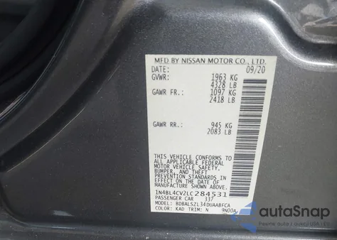 2020 Nissan Altima Sr Fwd from USA, damaged, VIN 1N4BL4CV2LC284531